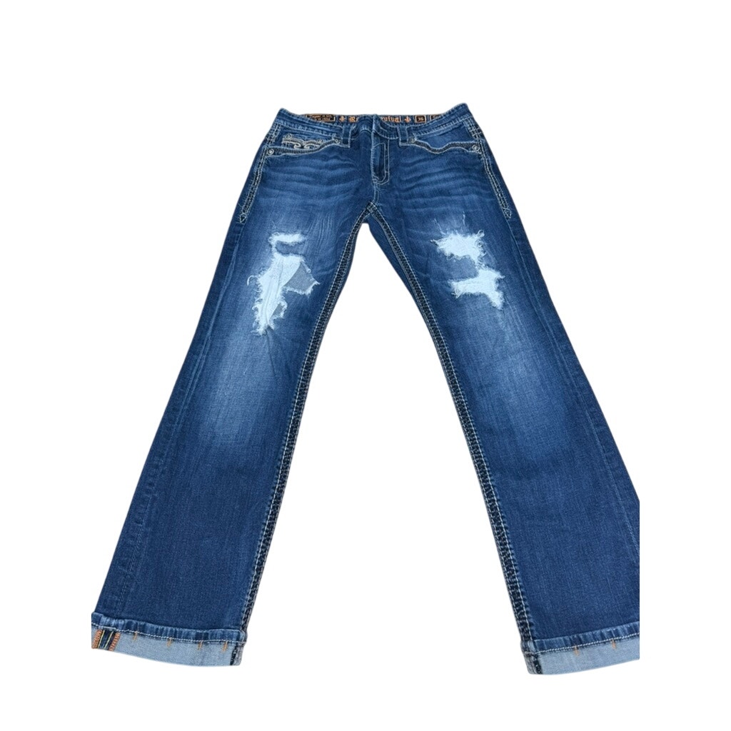 "Rock Revival" Men's Morancy Straight Distressed Jeans Sz 36 Cuffed Bottom Legs